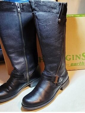 Womens 8.5 Earth Orgins Black Leather Knee-High Boots Zipper Buckle Accent Heel